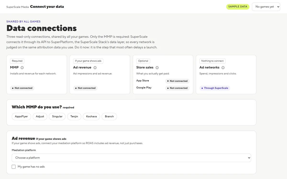 The Data connections screen: MMP, ad revenue, store sales and ad networks, with a choice of AppsFlyer, Adjust, Singular, Tenjin, Kochava or Branch