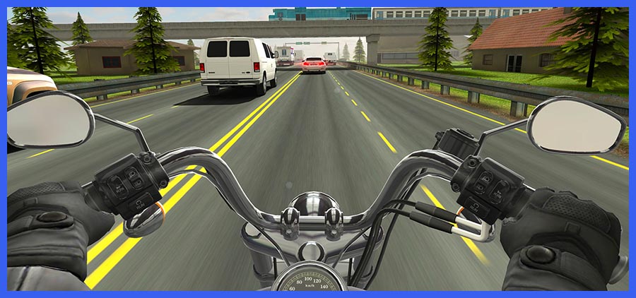 Screenshot from the Traffic Rider/Racer game interface. Hands holding onto motorbike handles as it rides on a highway.